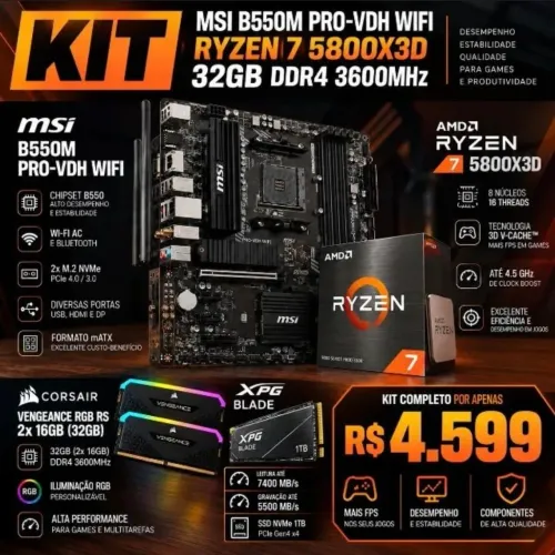 Kit AM4 Msi B550m Pro VDH Wifi + Ryzen 7 5800x3d + 2x16GB DDR4 3600Mhz + SSD XPG Blade 1TB