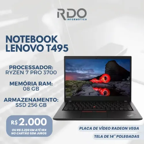 Notebook Lenovo T495 Ryzen 7 Pro 3700 8GB SSD 256GB Tela 14" - Pronto para uso