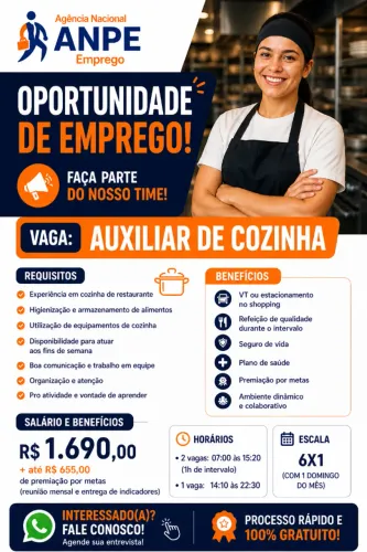 VAGAS ABERTAS PARA AUXILIAR DE COZINHA COM EXPERIENCIA EM GOIAS