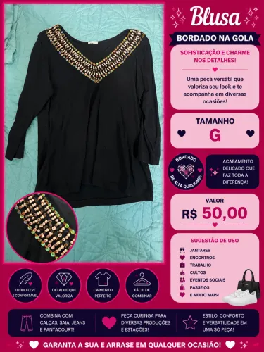 Blusa preta com bordados na gola tamanho G