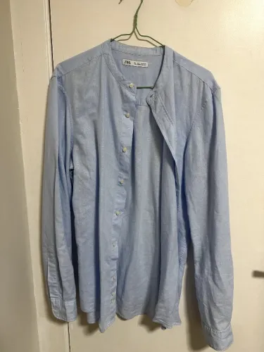 Camisa Linho Azul Gola Padre Zara Tam P
