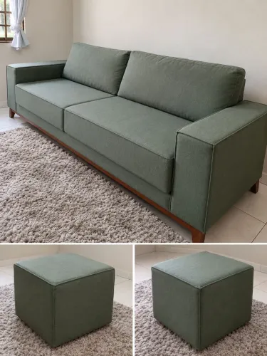 Sofá de linho luxuoso, 2,50 m , pés de madeira maciça, com dois puffs!