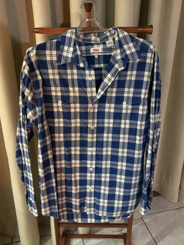 Camisa Levis Xadrez Azul Manga Longa