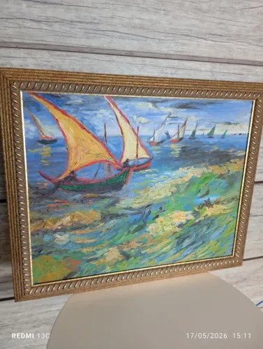 Imperdível. Lindo quadro pintura a óleo cenário de embarcações com moldura 