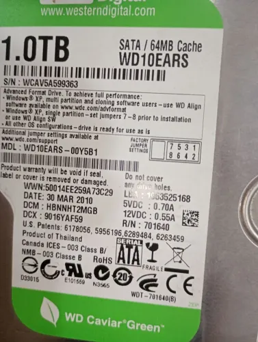 HD sata western digital de 1 terabyte para pc