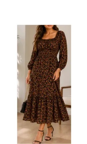 Vestido Longo Animal Print Onça Manga Longa - Tamanho M