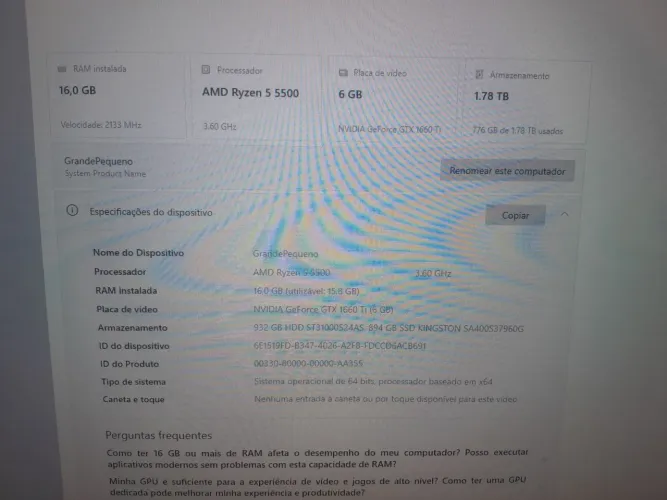 PC Gamer Ryzen 5 5500 + GTX 1660 Ti 6GB + 16GB + SSD 960GB + Acer Nitro 27" 144Hz