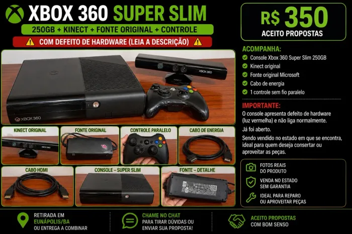 ? Xbox 360 Super Slim 250GB + Kinect + HDMI + Fonte + Controle (Com Defeito)