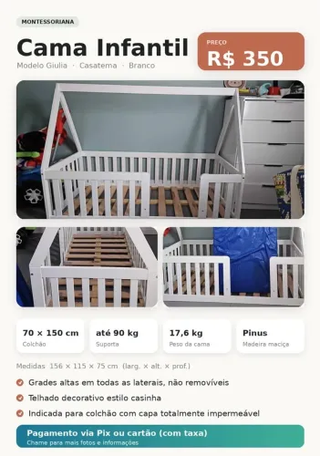 Mini Cama Montessoriana com Grade e telhado Giulia Casatema