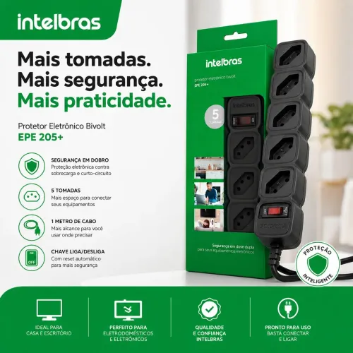 Protetor Eletronico C/ 5 Tomadas Epe 205 Preto Intelbras não usa fusível