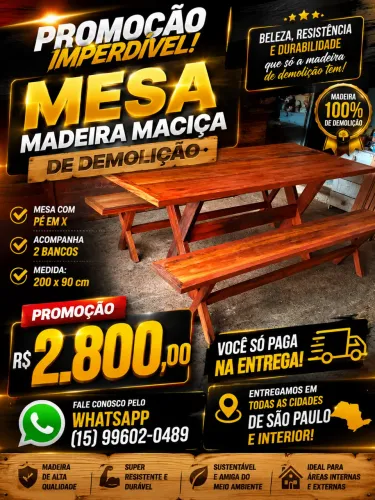Mesa madeira maciça com 2 bancos 200x90