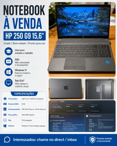 Notebook HP 250 G9 15,6" (pouco uso) Windows 11 Intel Core 3 12a edição  8GB 
