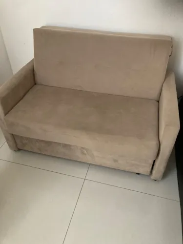 Sofá Cama com Baú Bege Compacto 2 Lugares