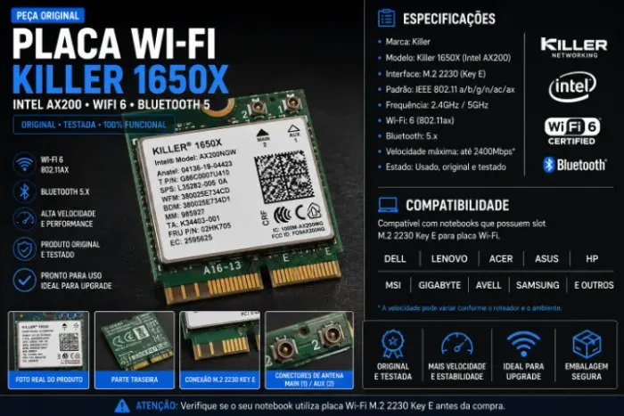 Placa Wi-Fi Killer 1650X Intel AX200 WiFi 6 Bluetooth 5 Original