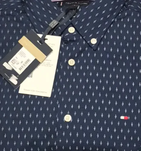 Camisa Tommy Hilfiger Masculina Flex Poplin Mini Print Shirt Azul Marinho