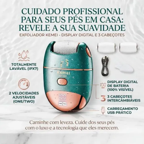 Esfoliador para Pés com Display Digital, 2 Velocidades, Lavável e 3 Cabeçotes