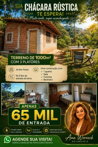 NÃO ACEITA COMPRA ASSISTIDA!!! CHÁCARA 1MIL m2 C/ CASA SLA QTO BANH COZ R$ 65MIL ENTRADA +