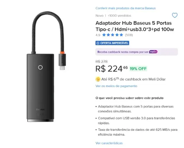 Adaptador Hub Baseus 5 Portas Tipo-c / Hdmi + usb3.0*3 + pd 100w