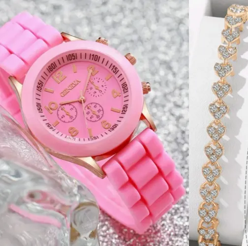 Relogio e Bracelete na cor Rosa ? 2 pçs