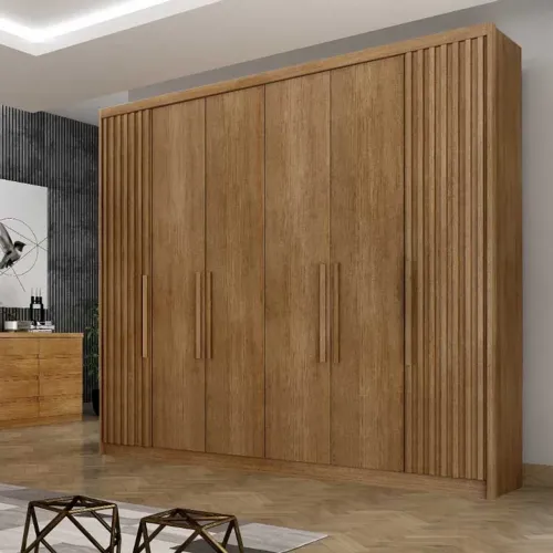 Roupeiro Casal 6 Portas C/Detalhe Ripado 100% MDF Larg. 2.43m Cumaru rf543