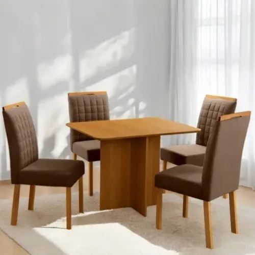 Mesa de Jantar Pérola 90 Imbuia Mel Tampo Viena + 4 Cadeiras Pandora - Receba Hoje 