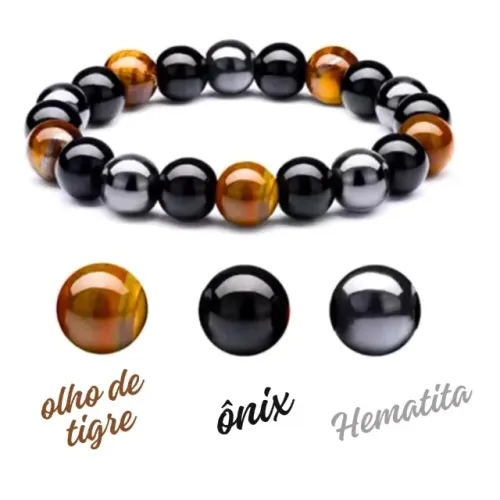 Pulseira Pedra Natural Hematita 3 em 1 Ônix e Olho De Tigre Proteção e Energia