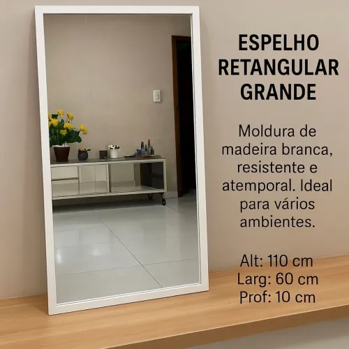 Espelho Retangular Grande Moldura Branca 110x60 cm