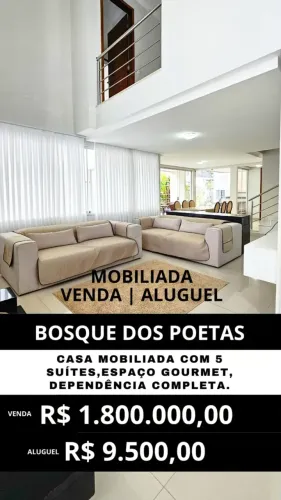 Casa mobiliada no Bosque dos Poetas, com 5 suítes, espaço gourmet, quintal amplo e dependê