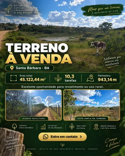 Terra à Venda com 11 Tarefas no Candeal Estrela - Santa Bárbara/BA