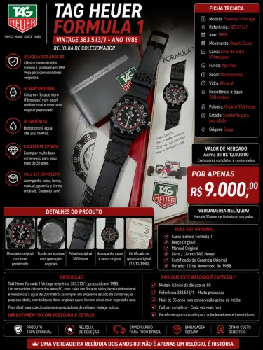 TAG Heuer Formula 1 Vintage 383.513/1 Full Set 1988 - Relíquia de Colecionador