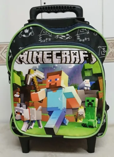 Mochila Infantil Escolar Carrinho com Rodinhas Minecraft Preta
