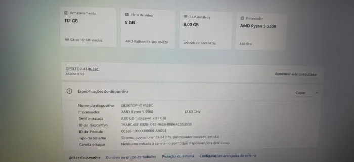 Pc Gamer - Ryzen 5 5500 - RX 580 - 8GB DDR4 - SSD - A520M K V2
