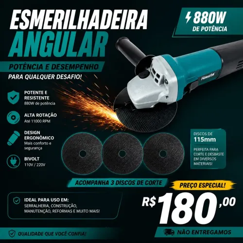 ? Esmerilhadeira Angular 880W 115mm + 3 Discos de Corte - R$ 180,00