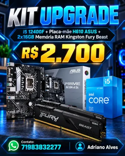 KIT UPGRADE - I5 12400F + PLACA MAE H610 ASUS + 2x16 memória RAM Kingston Fury Beast