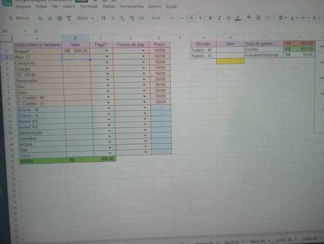 Planilha de gastos personalizada