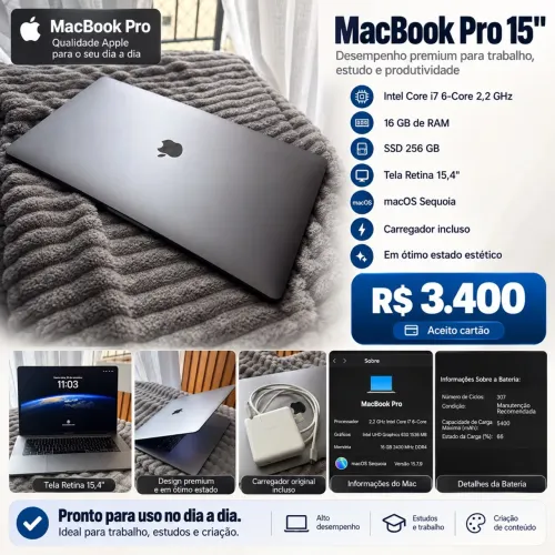 MacBook Pro 15? 2018 i7 16GB 256GB Retina + Carregador