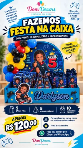 Festa na mesa 60 Reais ( só a caixa e o painel) com 20 lembrancinhas 120