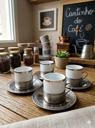 Jogo 4 Xícaras De Café Vintage - Porcelana E Aço Inox (Retrô)