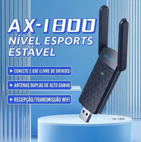 Adaptador Wi-Fi 6 USB 3.0 AX1800Mbps Dual Band (5G/2.4G) Antena Dupla - Plug & Play