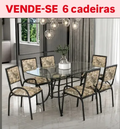 6 Cadeiras de Jantar estrutura de ferro e estofados com estampa tropical