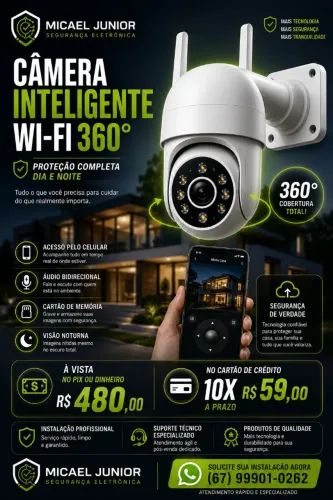 Câmera Inteligente 360° Wi-Fi com Instalação Inclusa - Proteção Total
