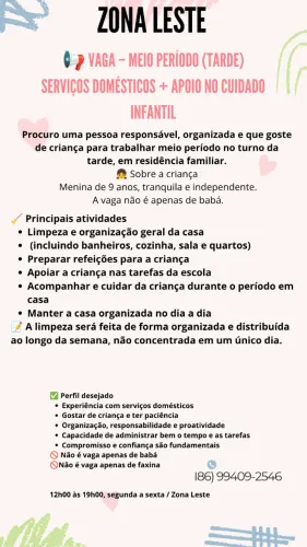 Serviços domésticos + apoio no cuidado infantil