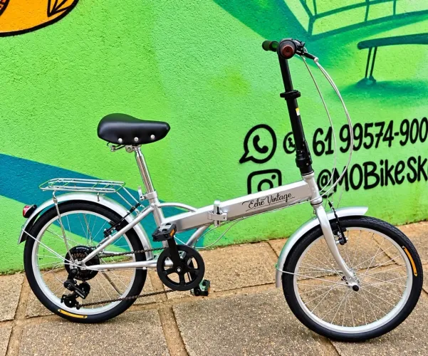 Bicicleta dobrável Echo Vintage Retrô Prata Kit Marcha Shimano 6v