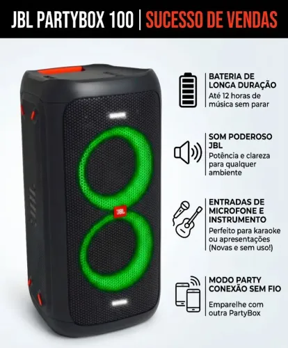 Caixa JBL PartyBox 100 Original - 160W RMS - Excelente para Voz e Violão 