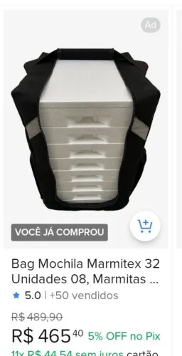 Vendo mochila com isopores inclusos, que capacita a entrega de 32 Marmitex. Nova embalada