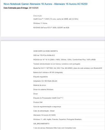 Alienware 16 Aurora RTX 5050 / 32GB RAM / 1TB SSD - Garantia Dell 2026