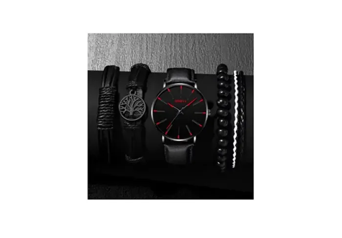 Relógios Redondo Quartzo Pulseira Couro Pu, Conjunto de Pulseiras Mix Casual - 06 peças