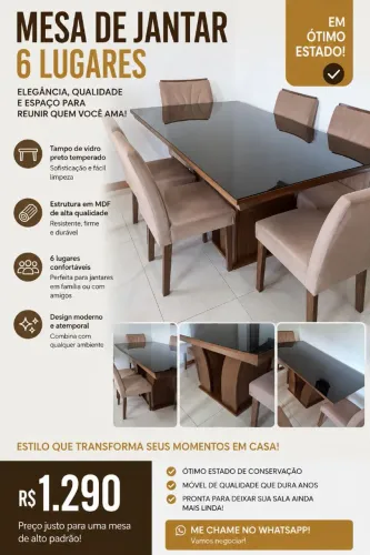 Mesa de Jantar 6 Lugares com Vidro Preto - MDF - Excelente Estado