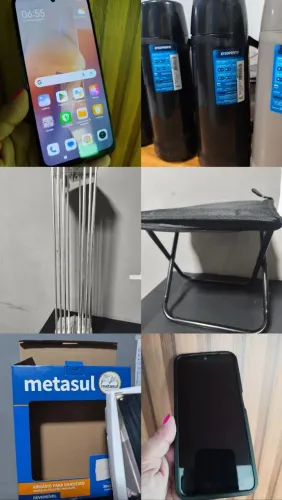 Celular, garrafa térmica, banquinho