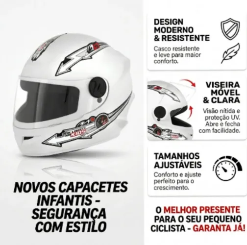 Capacete Infantil Pro Tork Branco no Tamanho 54 -Viseira Transparente e Grafismo Divertido